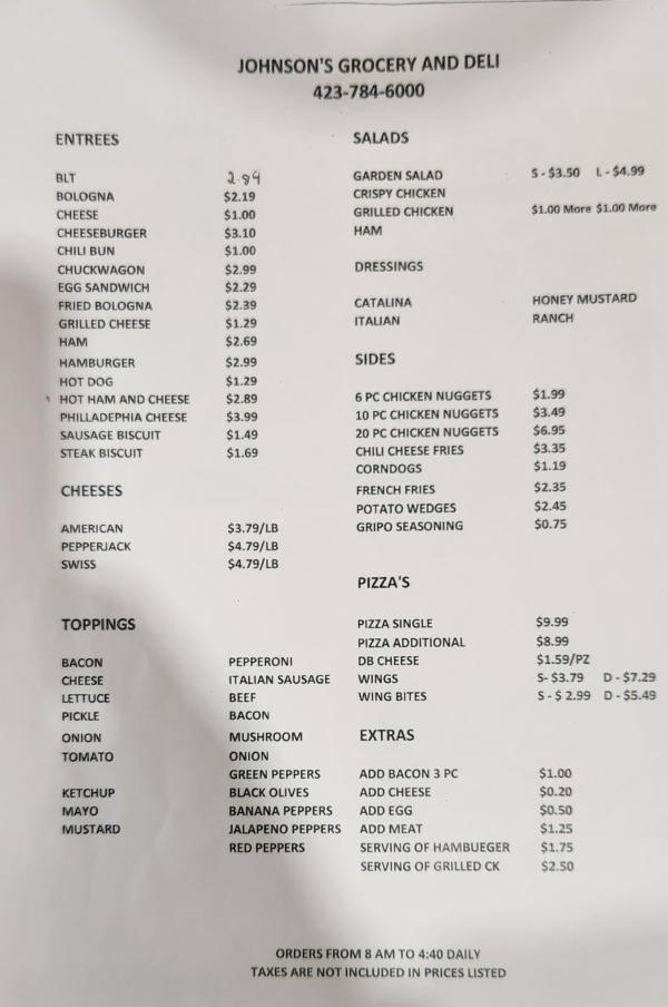 a menu from johnson's grocery and deli